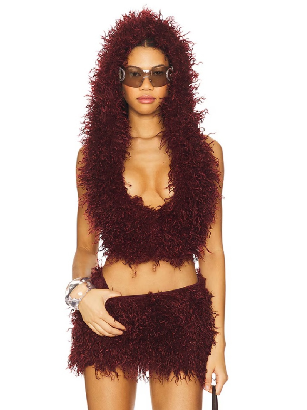 Jaded London Haka Mongolian Faux Fur Backless Top in Wine